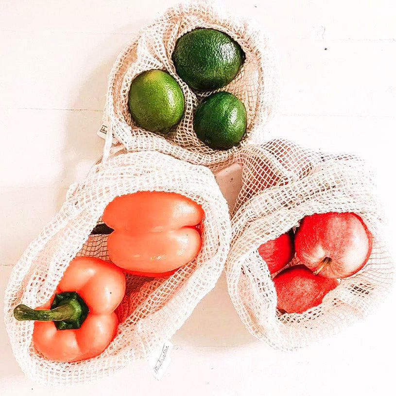 Reusable Organic Cotton Mesh Produce Bag - Zero Waste Plastic Free Groceries - Set of 3