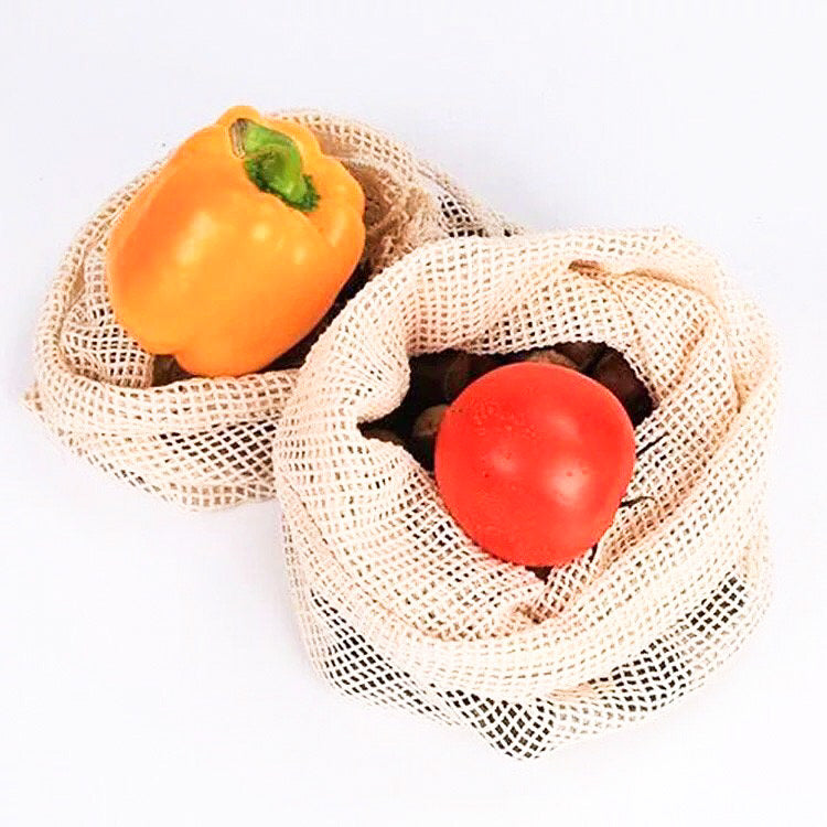 Reusable Organic Cotton Mesh Produce Bag - Zero Waste Plastic Free Groceries - Set of 3