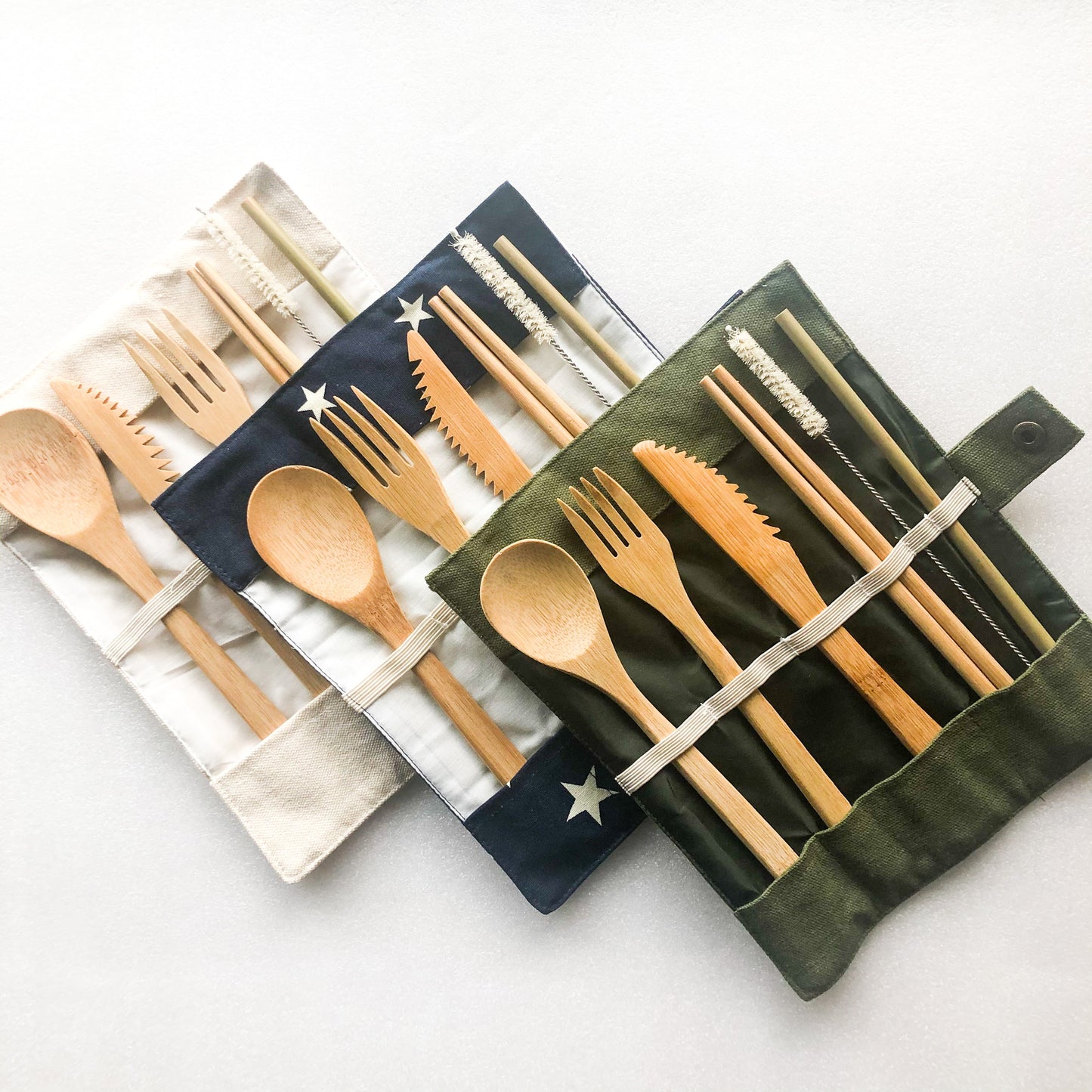 Bamboo Cutlery Set | Zero Waste Reusable | Washable Organic Cotton Travel Pouch & Hemp Cleaning Brush